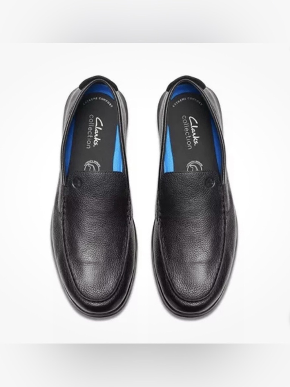 Clarks Black Leather Slip-On Loafers with Blue Insole Accent
